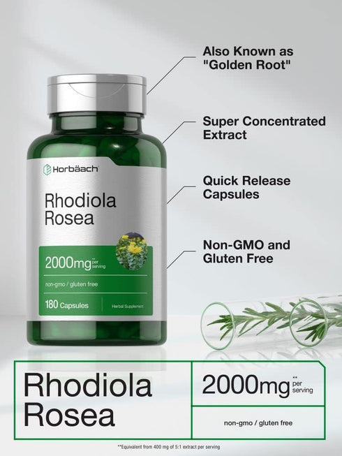 Horbaach Rhodiola Rosea Capsules, 2000mg, 180 Count, Non-GMO, Gluten Free