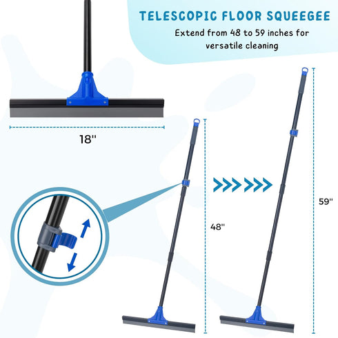 Floor Squeegee with Long Handle 59'', Heavy Duty 18" Rubber Broom for Concrete, Bathroom Tile, Garage Cleaning