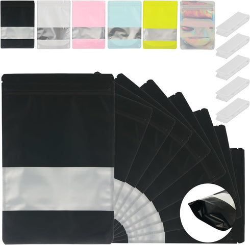 200 Pcs Mylar Bags for Food Storage - 7x10 Holographic Stand Up Resealable Bags for Food, Smell Proof, Black