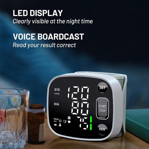 Oklar Blood Pressure Monitor - Rechargeable Wrist Digital BP Machine with LED Display, Voice Broadcast, 240 Memory