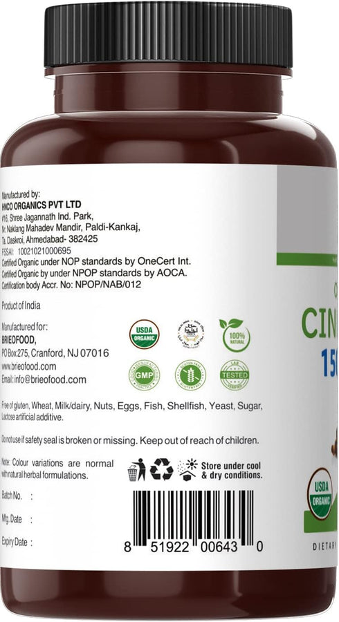 Brieofood Organic Cinnamon 1500mg, 90 Vegetarian Tablets, 45 Servings, Gluten Free, Vegetarian