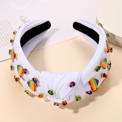 Pride Headbands for Women, Rainbow Heart Knotted Headband, Embellished Crystal Wide Top Knot Hair Accessories