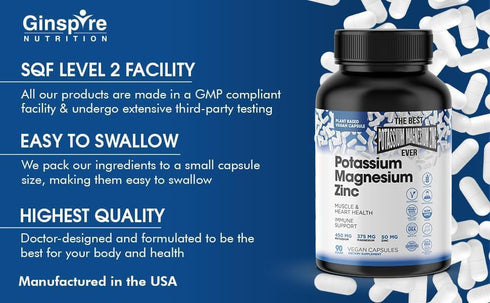 Magnesium Potassium Zinc Supplements - 90 Capsules for Vascular Health – High Absorption Vegan Supplement