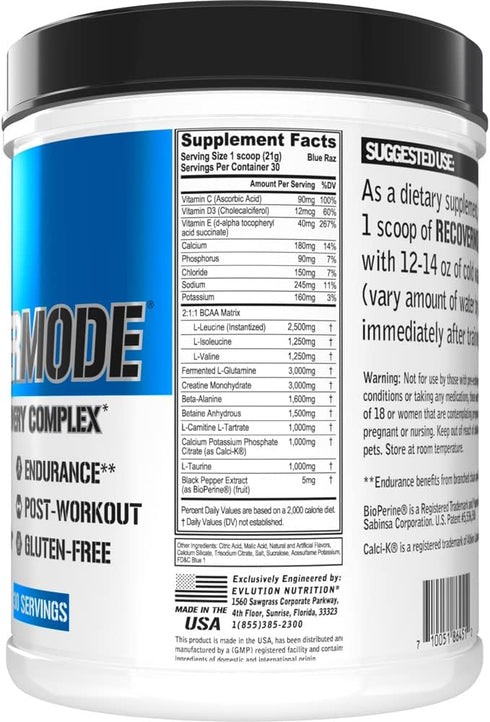 Evlution Nutrition Recover Mode, Complete Post Workout with BCAAs, 30 Serve, Blue Raz