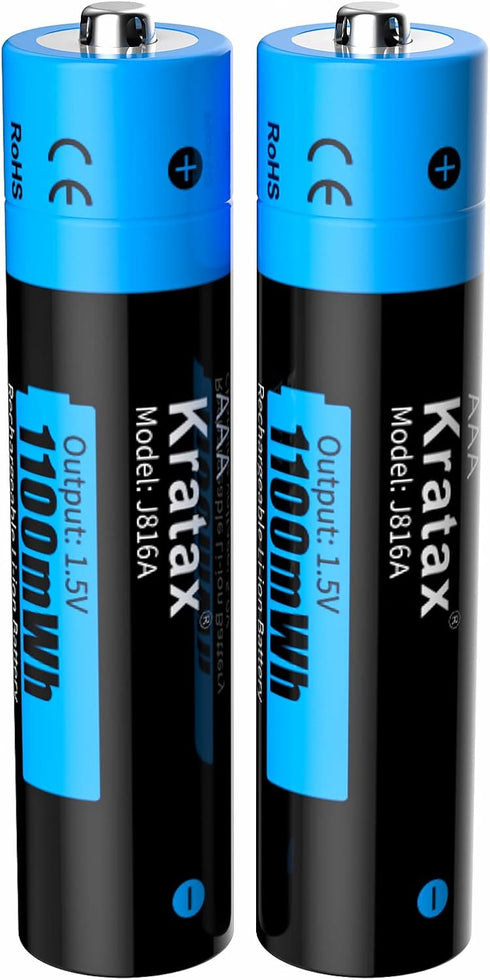 Kratax AAA Rechargeable 1100mWh Lithium Batteries, 1.5V Constant Voltage Output, 2 Pack