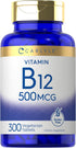 Carlyle Vitamin B-12 500mcg | 300 Tablets | Gluten Free, Vegetarian, Non-GMO Supplement