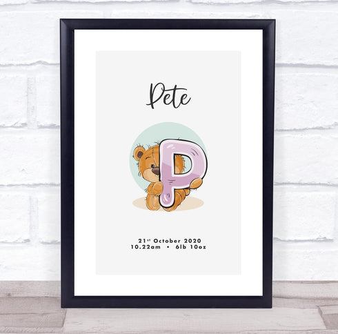 The Card Zoo New Baby Birth Details Christening Nursery Bear Initial P Keepsake Gift Print
