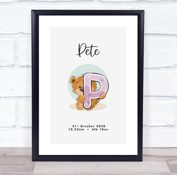 The Card Zoo New Baby Birth Details Christening Nursery Bear Initial P Keepsake Gift Print