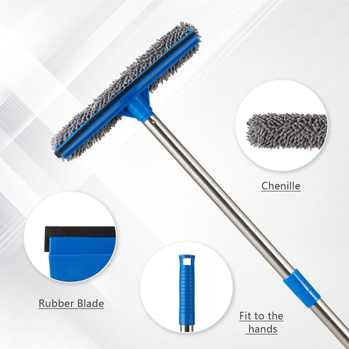 60.6" Professional Window Squeegee - 2 in 1 Cleaner with Long Stainless Steel Handle, Chenille for High Window Cleaning