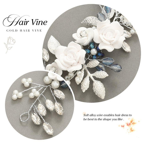 Unicra Flower Silver Bride Wedding Hair Vine - Pearl Bridal Hair Piece with Blue Rhinestone