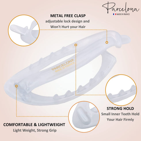 Parcelona French Plain Oval Small Celluloid Hair Barrette Clips, Metal Free Hair Accessories for Women (Solid White)