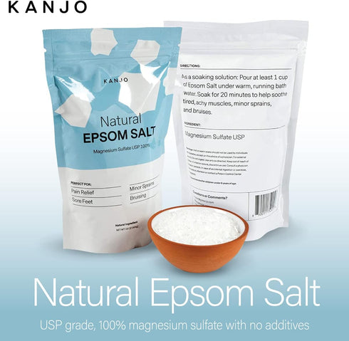 FSA HSA Eligible Kanjo Natural Epsom Salt - 100% Pure Magnesium Sulfate USP Bath Salt - Soak for Muscle Pain, Foot Pain, & Joint Pain Relief - Unscented - 16oz Bag