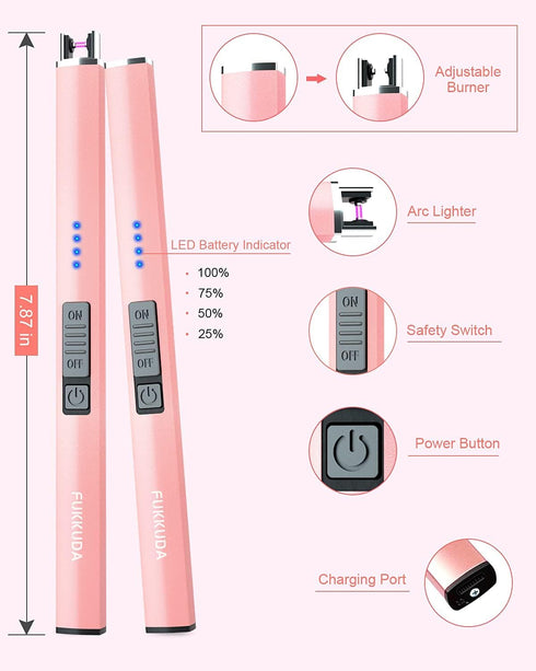 FUKKUDA Electric Candle Lighter with Safety Switch, USB Rechargeable Windproof Plasma Arc Lighter (Rose Gold)