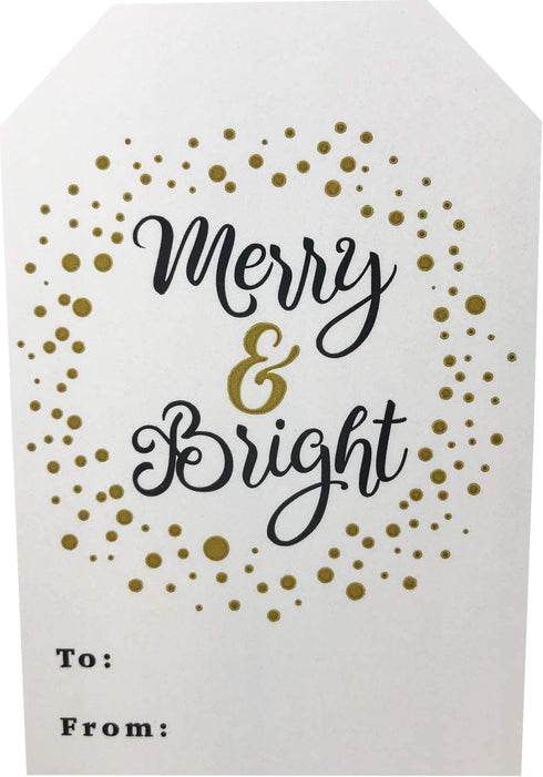Merry & Bright Gold Gift Tag Stickers, 2 x 3 Inch Holiday Labels, Roll of 100 with 4 Festive Designs