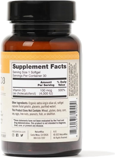 NatureWise Vitamin D3 4000iu (100 mcg) - 30 Mini Softgels for Healthy Muscle Function & Immune Support