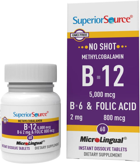Superior Source No Shot Vitamin B12 Methylcobalamin (5000 mcg), B6, Folic Acid, Quick Dissolve Sublingual Tablets, 60
