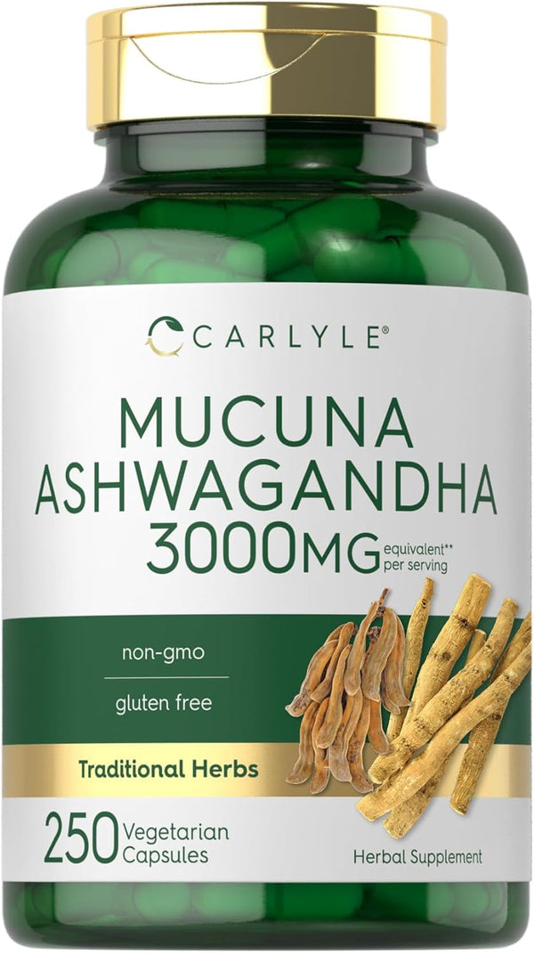Carlyle Mucuna with Ashwagandha, 3000mg, 250 Capsules, Vegetarian, Non-GMO, Gluten Free