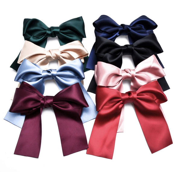 Set of 8 Big Satin Solid Ribbon French Barrette - Large Soft Silky Hair Bow Clip for Women