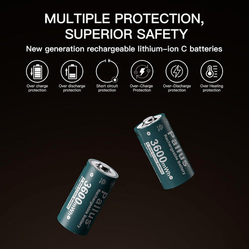 Pallus 4 1 4 Pack LR14 1.5V 3600mWh 1600x Rechargeable Lithium C Batteries with in USB-C Charging Cable, Rechargeable C