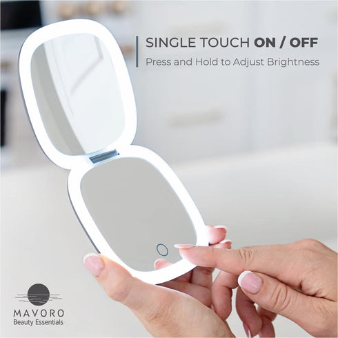 Mavoro LED Lighted Travel Makeup Mirror, Rechargeable, 1x/10x Magnification, Pocket or Purse Mirror, Touch Sensor