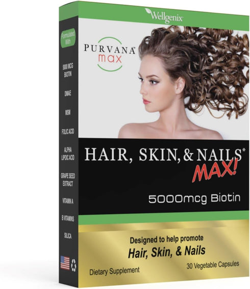 Purvana Max Hair, Skin, and Nails Vitamin, 5000mcg Biotin, Folic Acid, Vegan Support, 30 Caps (Pack of 2)