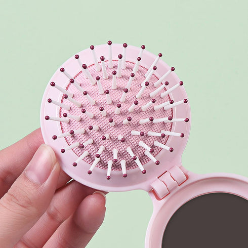 Mini Folding Hair Brush with Mirror, Compact Pop Up Pocket Brush, Small Travel Size Flip Hair Brush for Purse, Pink