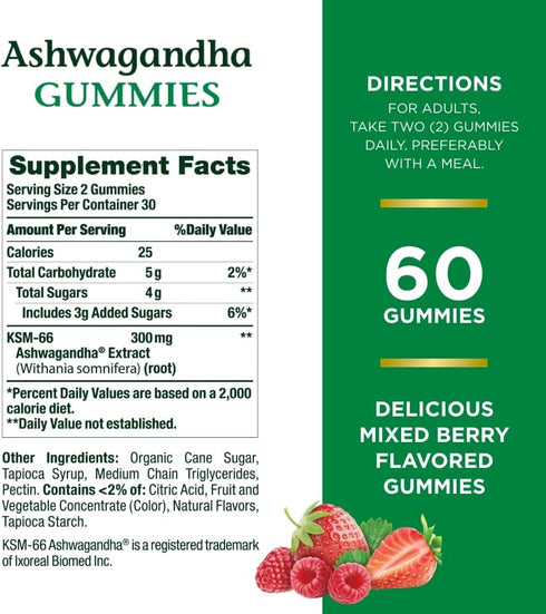 Nature's Bounty Ashwagandha Gummies, 300mg KSM-66 Ashwagandha Extract, Mixed Berry, 60 Gummies
