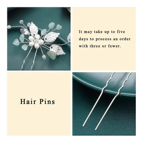 Heread Silver Leaf Bridal Hair Accessories Pearl Flower Hair Pins with Green Opal Rhinestones (Pack of 3)