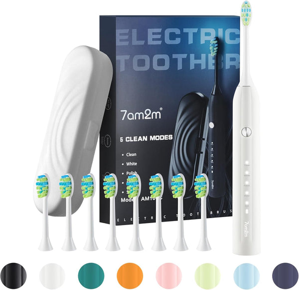7AM2M Sonic Electric Toothbrush for Adults and Kids, Roman Column Handle Design (White), 6 Brush Heads, 5 Modes, Smart