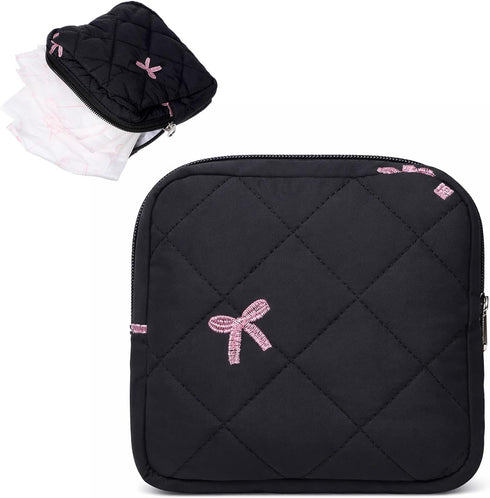 Josojoou Cute Bow Sanitary Napkin Storage Bag with Dividers and Zipper, Cute Period