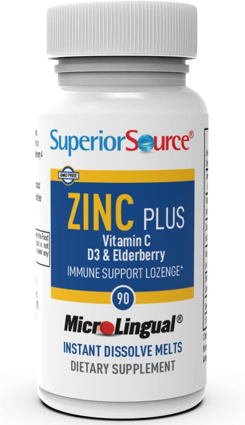 Superior Source Zinc Plus Lozenges with Vitamin C (30 mg), D3 (1,000 IU), Elderberry Extract, 90 Ct, Immune System
