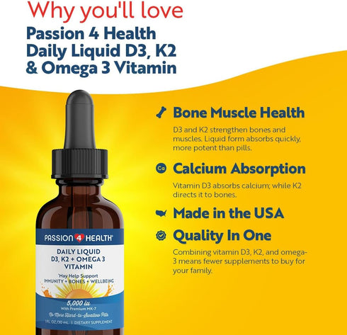 Passion 4 Health Organic Liquid Vitamin D3 K2 + Omega 3 Supplement, 5000IU Liquid Vitamin D Drops