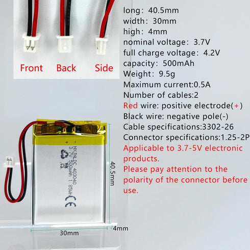 DC 3.7V 500mAh 403040 Rechargeable lithium polymer battery for DIY 3.7-5V Electronic Product, Mobile Energy Storage Power Supply