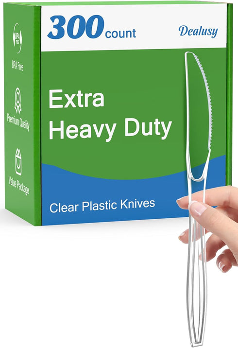 300 Count Extra Heavy Duty Clear Plastic Knives, BPA-Free, Durable Disposable Knives for Party Supply