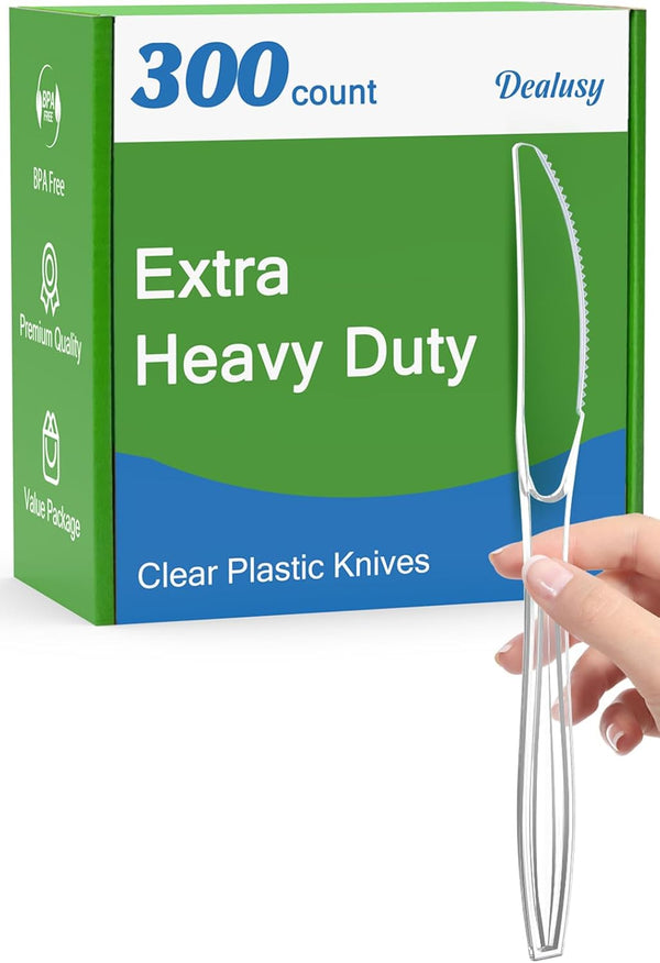 300 Count Extra Heavy Duty Clear Plastic Knives, BPA-Free, Durable Disposable Knives for Party Supply