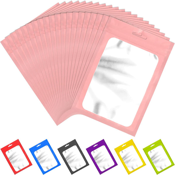 100 Pcs Resealable Mylar Bags with Clear Window, Foil Pouch Zipper Bags for Food Storage (Pink, 4.72x7.1 inches)
