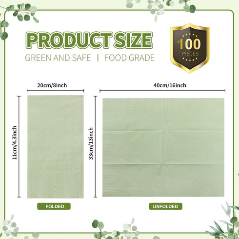 zjdbset 100PCS Disposable Sage Green Guest Napkins Paper Green Disposable Hand Towels Decorative Dinner Napkin Paper