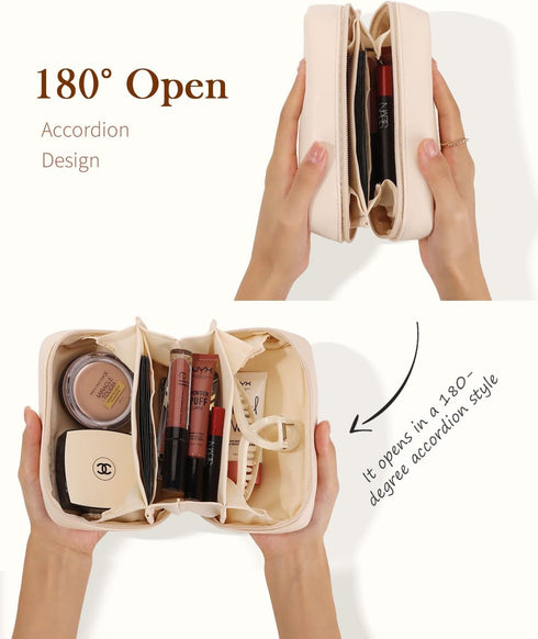 Pocmimut Makeup Bag,PU Leather Travel Makeup Bag,Open Flat Makeup Pouch for Women Purse for Travel Accessories(Begie)