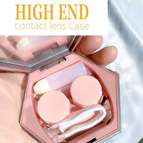 Contact Lens Case with Mirror - Hexagon Sparkles Portable Storage Container for Women (Pink)