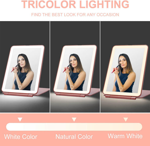 LED Foldable Travel Makeup Mirror - 5x7 inches, 3 Colors Light Modes USB Rechargeable Touch Screen Cosmetic
