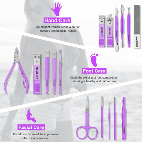 Manicure Set Professional Nail Clippers Pedicure Kit, 16 pcs Stainless Steel Nail Care Tools Grooming Kit with Luxurious Travel Leather Case for Thick Nails Men Women Gift (Violet)