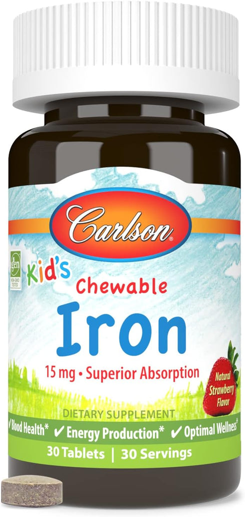Carlson Kid's Chewable Iron 15 mg | 30 Tablets | Superior Absorption for Blood Health, Energy Production & Optimal