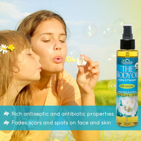US Organic Body Oil - Rich Floral Ylang Ylang Jojoba and Flaxseed Oil with Vitamin E, USDA Organic, 5 Fl. oz.