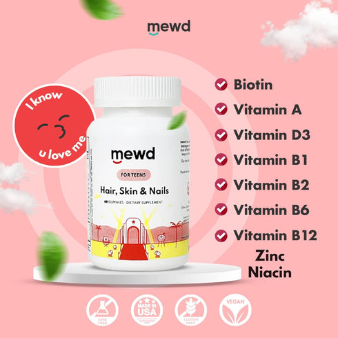 Gummies D3, B1, B2, B6 B12 60 Count MEWD Teen and Kids Hair, Skin & Nails Support Multivitamin - Biotin Strength