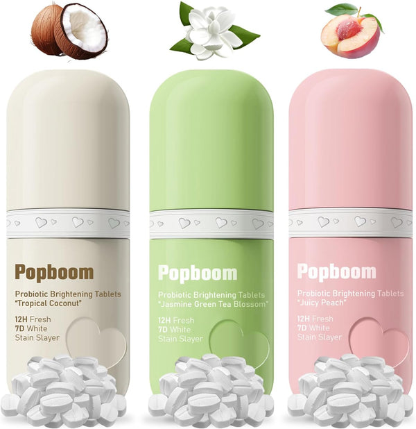 GUSTANO Popboom Probiotic Travel Size Mouthwash Tablets for On-The-Go Oral Care, Teeth Whitening