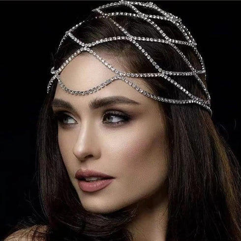 YERTTER Wedding Silver Rhinestone Mesh Chain Head Cap, Layered Tennis Chain Jewelry for Women