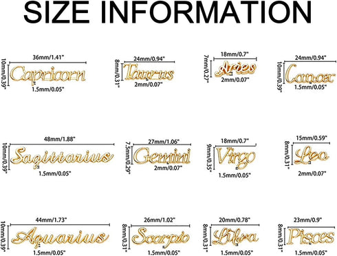 JERCLITY 24 Pieces Gold Alloy Zodiac Nail Charms, 12pcs Zodiac Signs Nail Studs, 12pcs Constellation Words Nail Charms