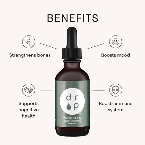 Vitamin D3 + K2 Drops - 1000 IU Plant Based D3 and 45 mcg K2 Liquid Supplement for Bone Strength