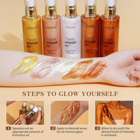 Liyalan Shimmer Body Oil, Bronze Gold 5 Color Highlighter Illuminator, Glitter Liquid Tanning (3.38 Fl Oz/03)
