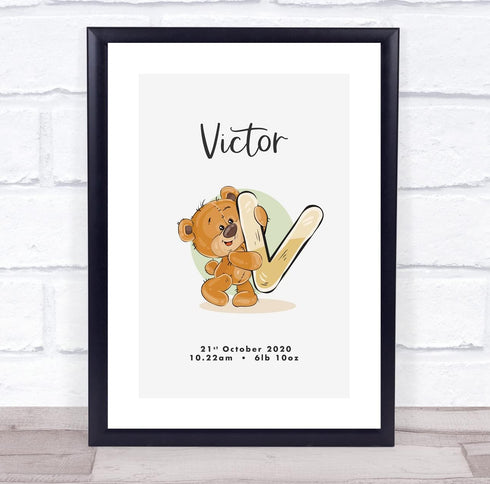 The Card Zoo New Baby Birth Details Christening Nursery Bear Initial V Keepsake Gift Print